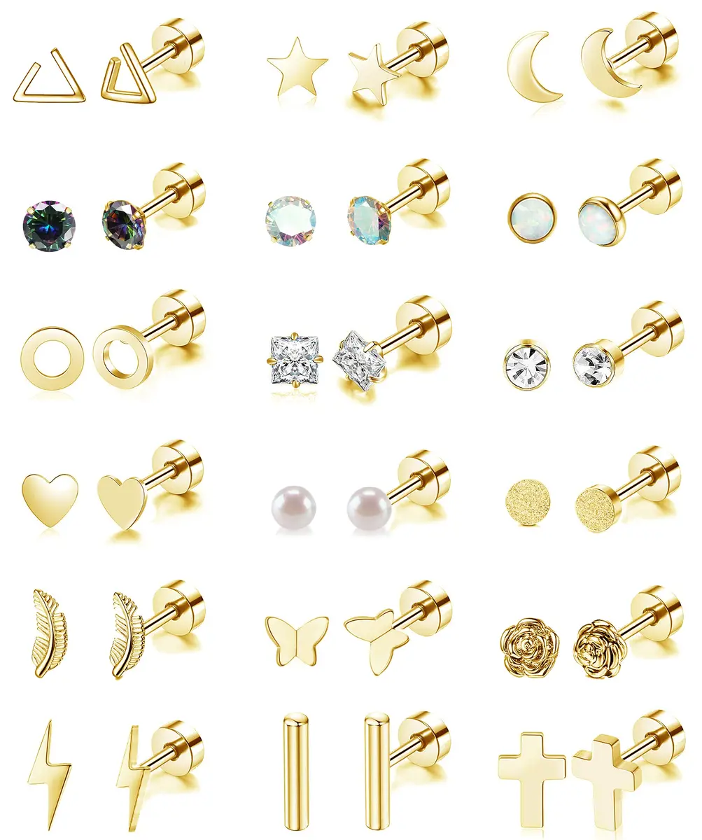 Staligue Hypoallergenic Flat Back Earrings Set – Surgical Steel, 18 Pairs, 20G, Silver/Gold/Rose Gold - main product image