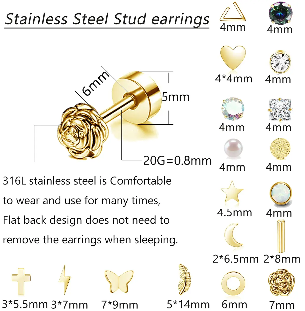 Staligue Hypoallergenic Flat Back Earrings Set – Surgical Steel, 18 Pairs, 20G, Silver/Gold/Rose Gold - view 2