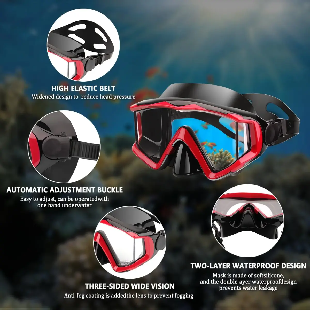 AQUA A DIVE SPORTS Red Single Lens Diving Mask | 180° Wide View Anti-Fog Polycarbonate Lenses - view 4