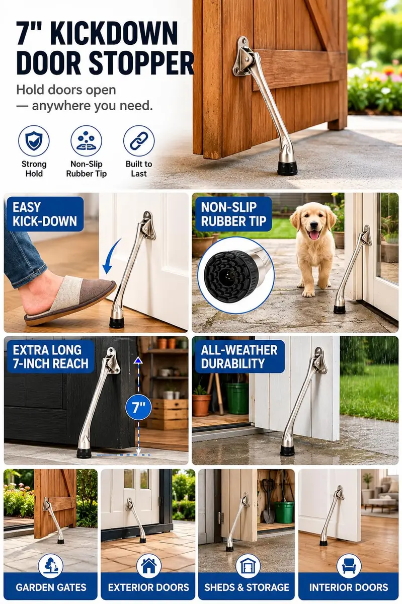 HOME&I 7" Kick Down Door Stopper, Extended Reach Zinc Alloy Door Stop with Leaf Spring & Non-Slip Rubber Foot - view 4