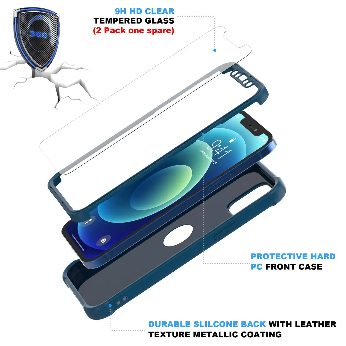 ORETECH 3-in-1 Case for iPhone 12 Mini (5.4") with 2x Tempered Glass Screen Protectors | Blue - view 5