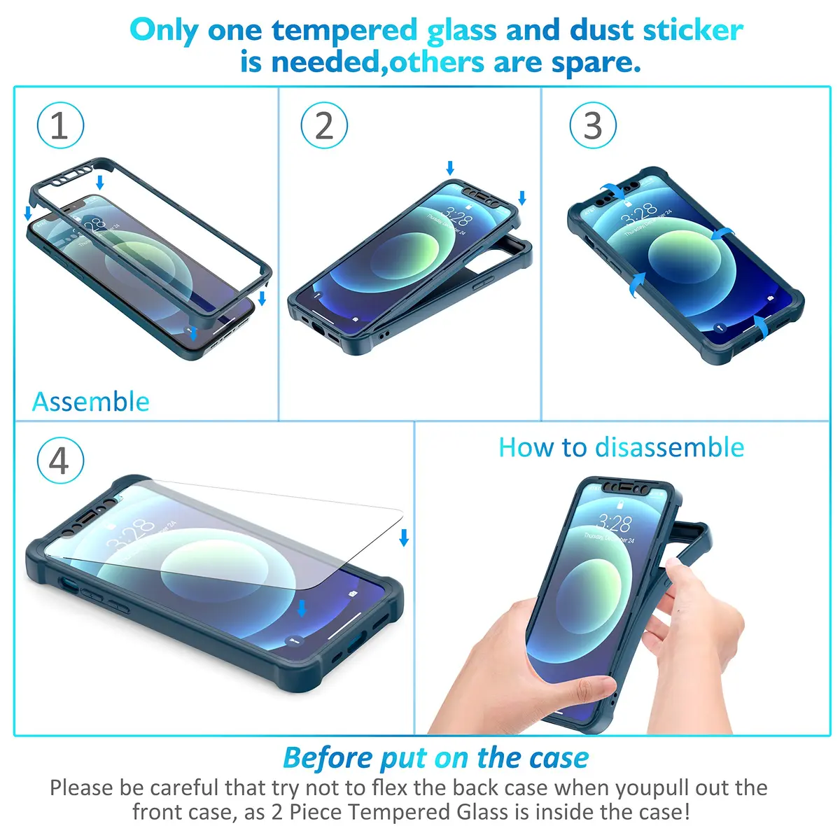 ORETECH 3-in-1 Case for iPhone 12 Mini (5.4") with 2x Tempered Glass Screen Protectors | Blue - view 7