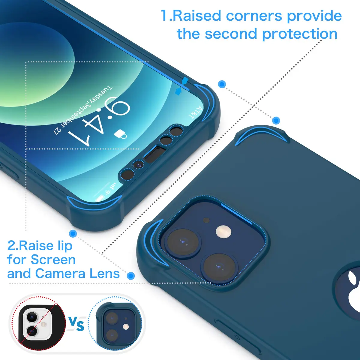 ORETECH 3-in-1 Case for iPhone 12 Mini (5.4") with 2x Tempered Glass Screen Protectors | Blue - view 3