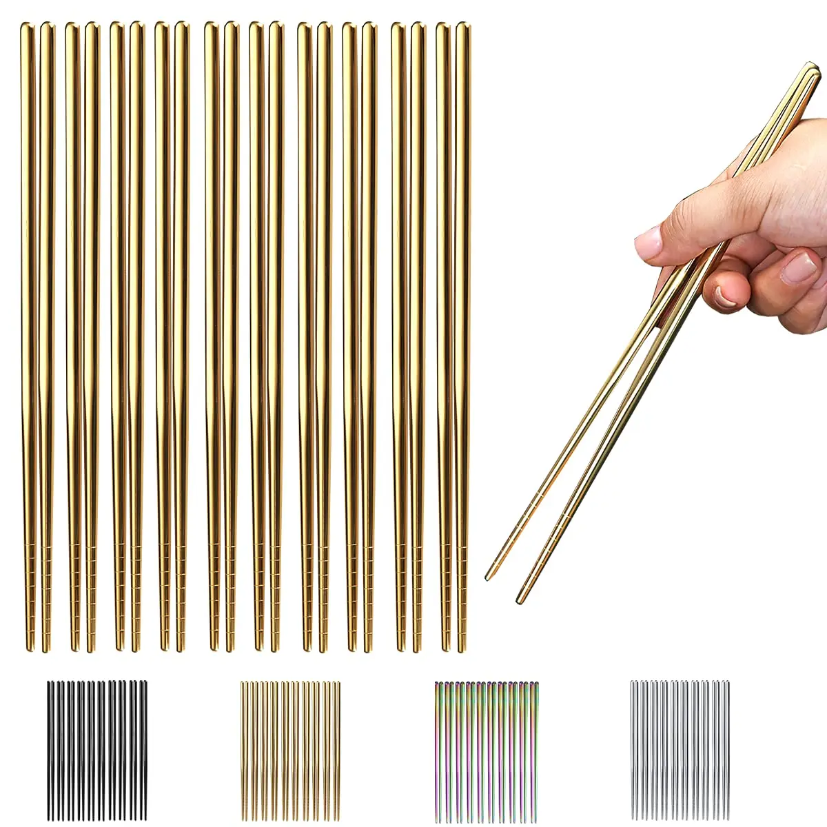 HOMQUEN Reusable Stainless Steel Chopsticks 8.9 Inch | Gold Plating, Dishwasher Safe, Japanese & Korean Style - main product image