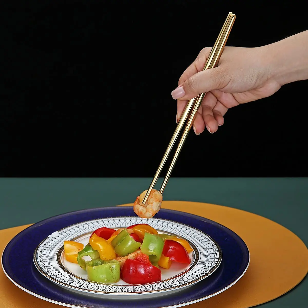 HOMQUEN Reusable Stainless Steel Chopsticks 8.9 Inch | Gold Plating, Dishwasher Safe, Japanese & Korean Style - view 5
