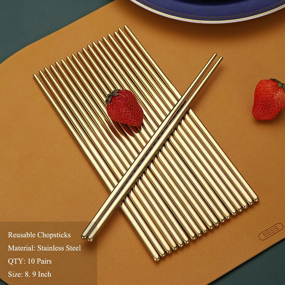 HOMQUEN Reusable Stainless Steel Chopsticks 8.9 Inch | Gold Plating, Dishwasher Safe, Japanese & Korean Style - view 2