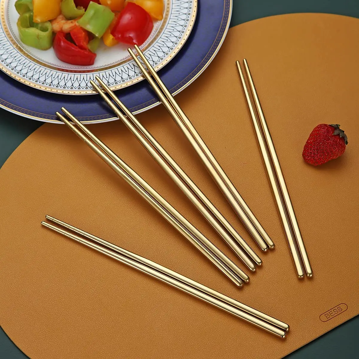 HOMQUEN Reusable Stainless Steel Chopsticks 8.9 Inch | Gold Plating, Dishwasher Safe, Japanese & Korean Style - view 4