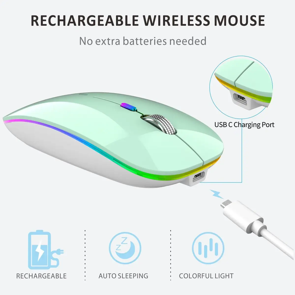Uiosmuph G12 Wireless Mouse | Rechargeable, Silent, USB-C, 1600 DPI, Mint Green - view 6