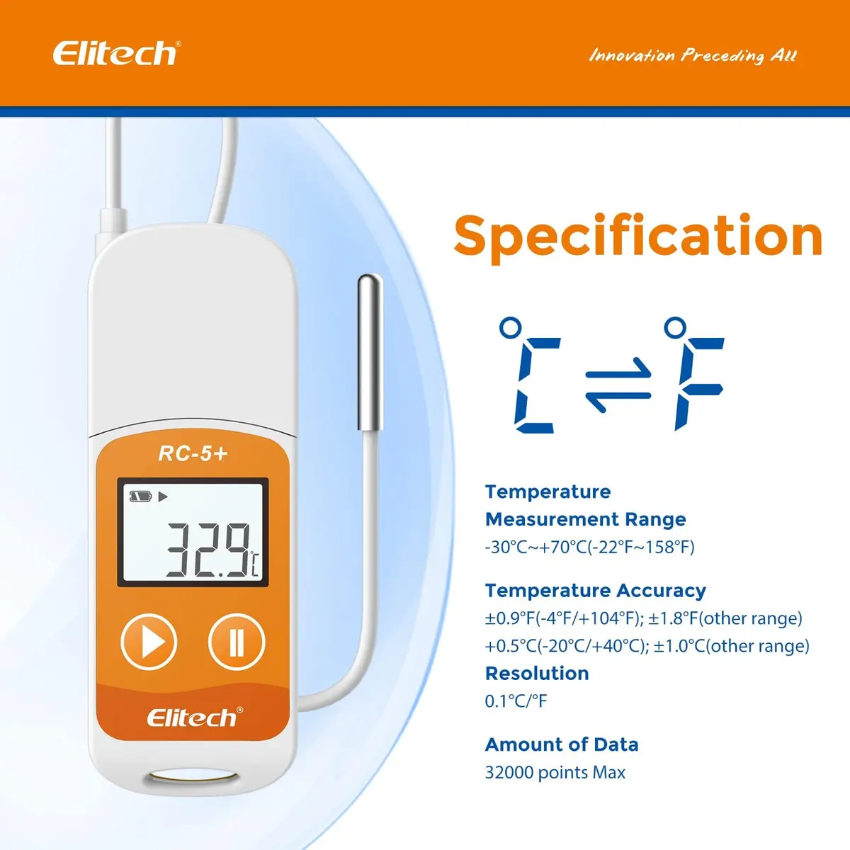 Elitech RC-5+ TE Digital PDF USB Temperature Data Logger 100Pack | High Accuracy with External Sensor - view 5