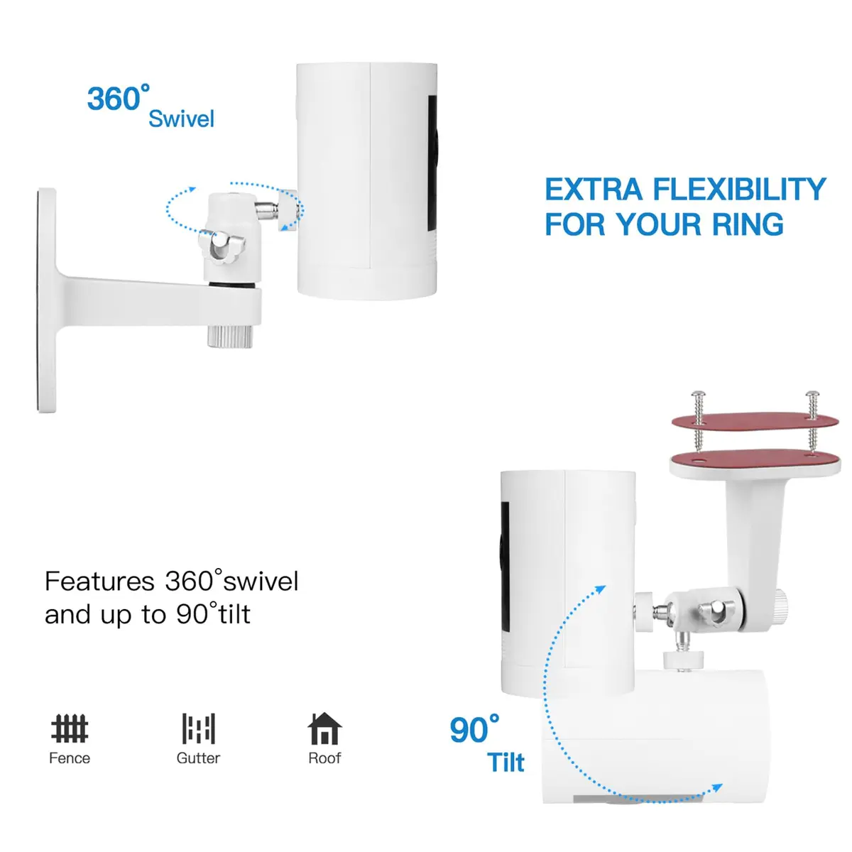 ALERTCAM 2Pack Adjustable Security Wall Mount Bracket for Ring & More | Swivels 360° & Tilts 90° | White - view 4
