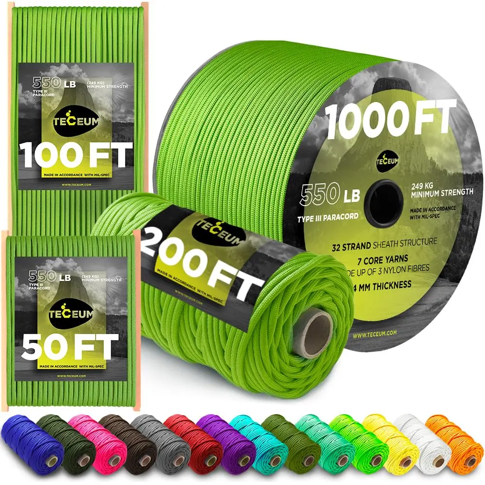 TECEUM Paracord Rope Type III 550 – Tactical MIL-SPEC – 30.5m (100 ft) Fluo Green | Strong Survival Utility Rope - main product image