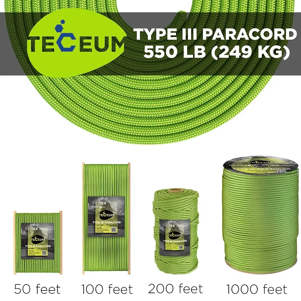 TECEUM Paracord Rope Type III 550 – Tactical MIL-SPEC – 30.5m (100 ft) Fluo Green | Strong Survival Utility Rope - view 9