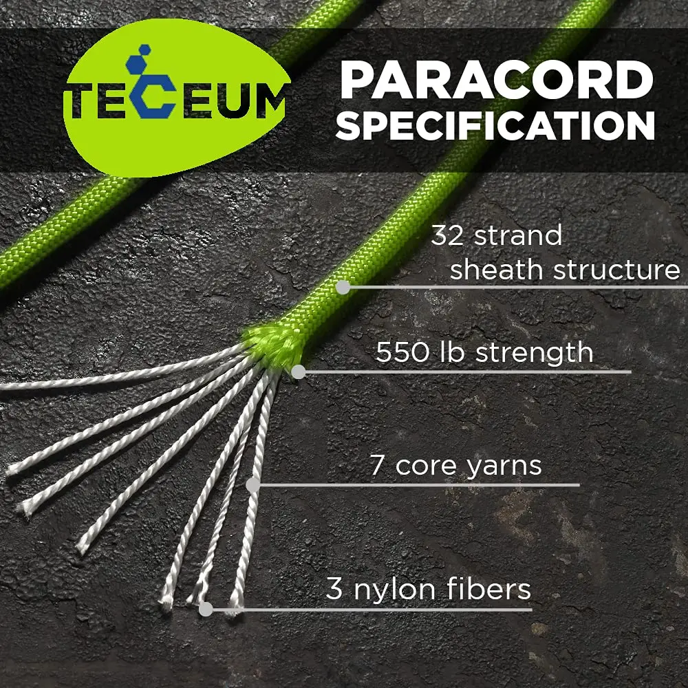 TECEUM Paracord Rope Type III 550 – Tactical MIL-SPEC – 30.5m (100 ft) Fluo Green | Strong Survival Utility Rope - view 2
