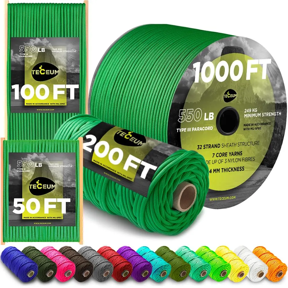 TECEUM Type III 550 Paracord Rope 30.5 m (100 ft) Green | MIL-SPEC Tactical Survival Utility Cord - main product image