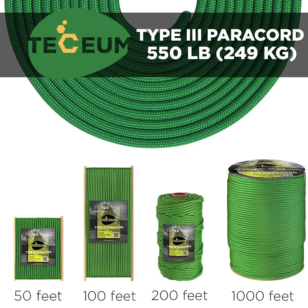 TECEUM Type III 550 Paracord Rope 30.5 m (100 ft) Green | MIL-SPEC Tactical Survival Utility Cord - view 9