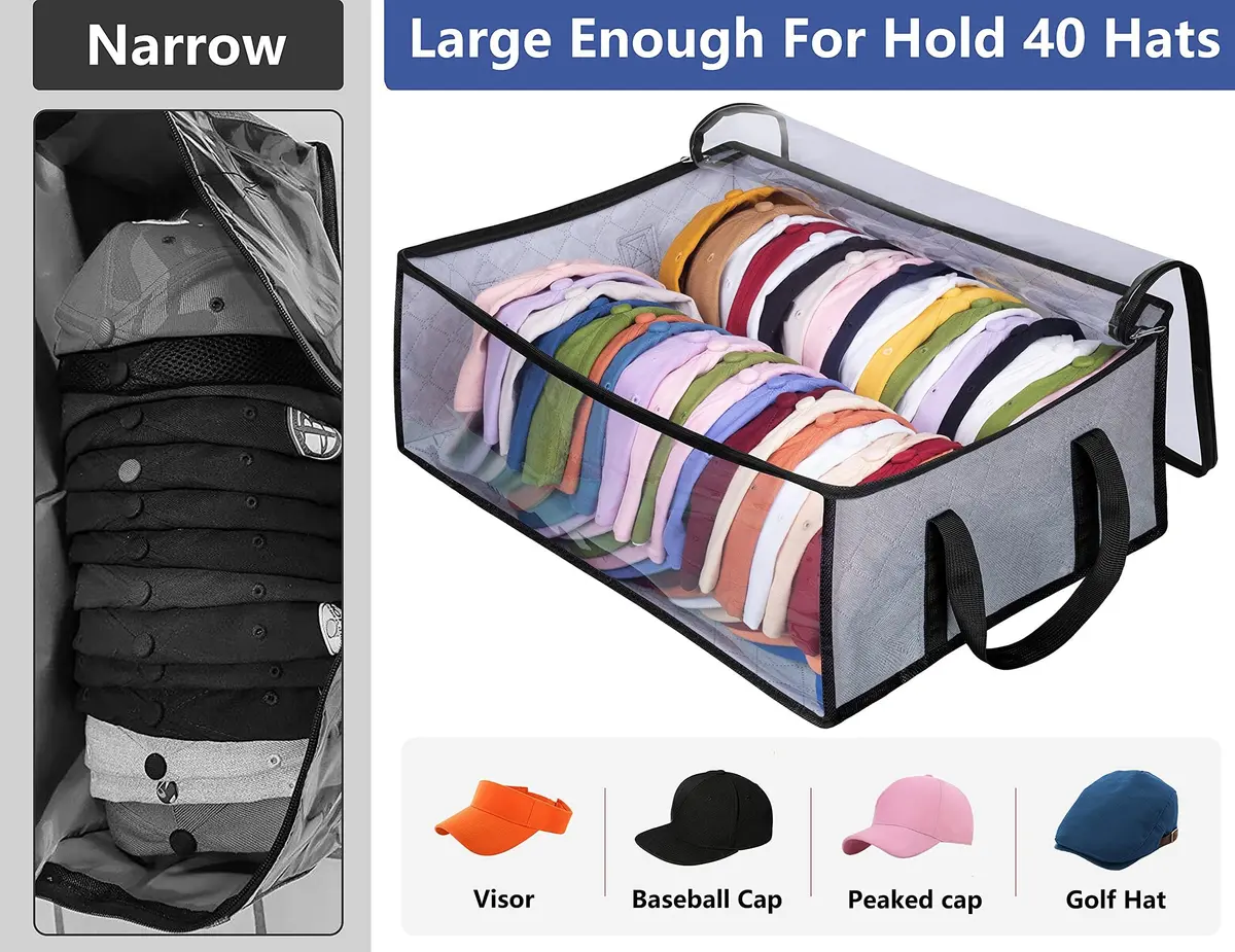 AOODA Hat Storage for Baseball Caps 20"L x 16"W x 6.7"H | Holds up to 40 Caps, Grey - view 2