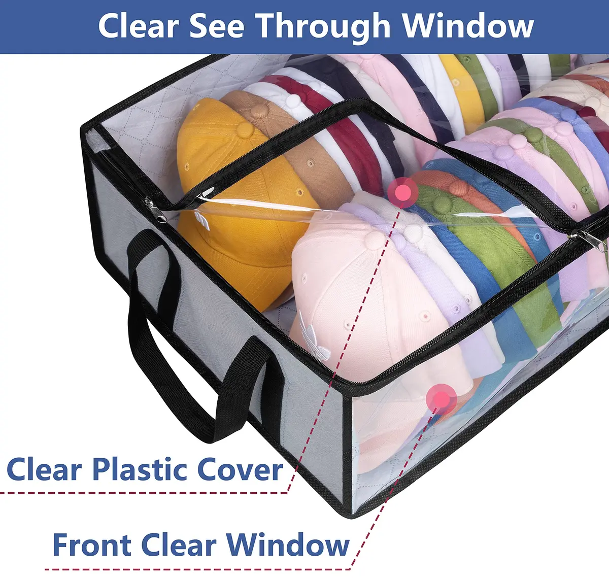 AOODA Hat Storage for Baseball Caps 20"L x 16"W x 6.7"H | Holds up to 40 Caps, Grey - view 3