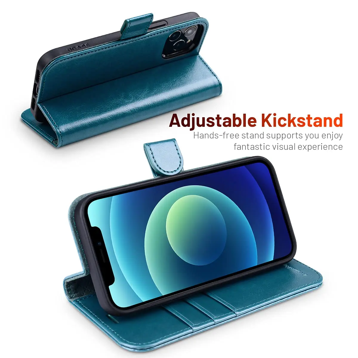 OCASE Wallet Case for iPhone 12/12 Pro | Peacock Blue, RFID Shielding, Kickstand, 6.1" - view 5