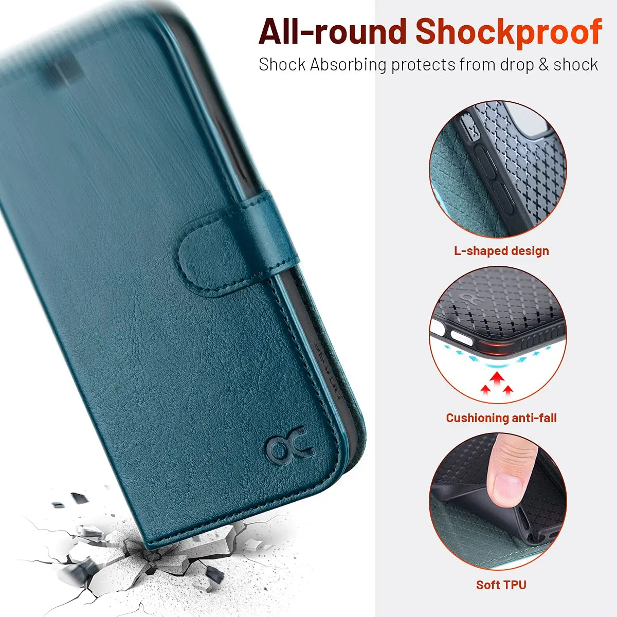 OCASE Wallet Case for iPhone 12/12 Pro | Peacock Blue, RFID Shielding, Kickstand, 6.1" - view 6