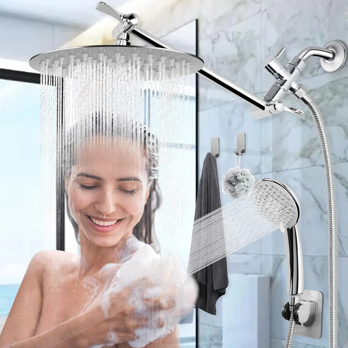 NearMoon Solid Brass G1/2" Shower Arm All Metal Universal 3-Way Diverter Valve for Handheld and Fixed Head, Replacement Component Adapter (Chrome Finish) - view 6