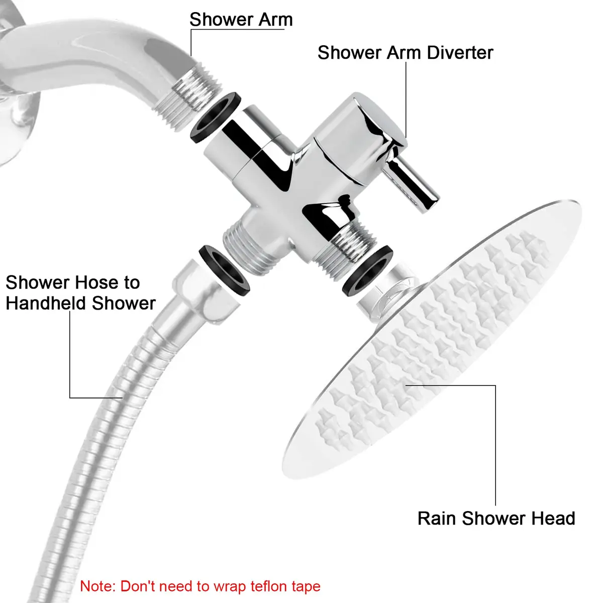 NearMoon Solid Brass G1/2" Shower Arm All Metal Universal 3-Way Diverter Valve for Handheld and Fixed Head, Replacement Component Adapter (Chrome Finish) - view 4