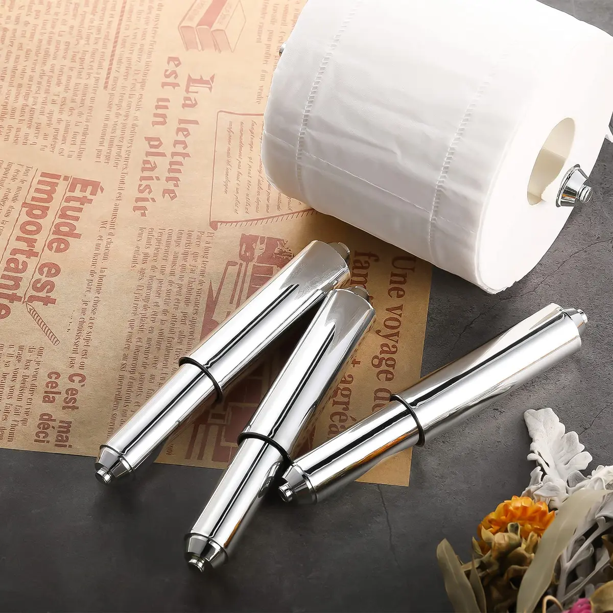 Shappy Silver 4 Pcs Toilet Paper Holder Replacement Rods | Universal Spring Loaded Plastic Retractable Holder Insert - view 4
