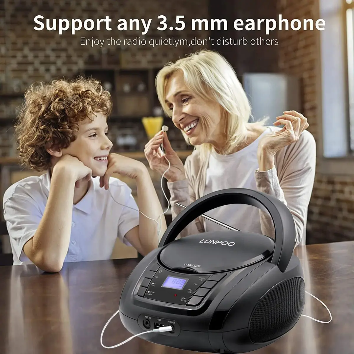 LONPOO Portable CD Player with Bluetooth, USB, AUX, FM Radio, 2.5 lbs (1.13 kg) | Retro Boombox with Stereo Speakers - view 5