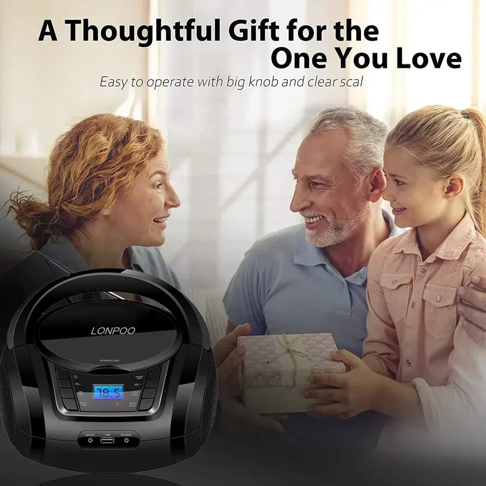 LONPOO Portable CD Player with Bluetooth, USB, AUX, FM Radio, 2.5 lbs (1.13 kg) | Retro Boombox with Stereo Speakers - view 8