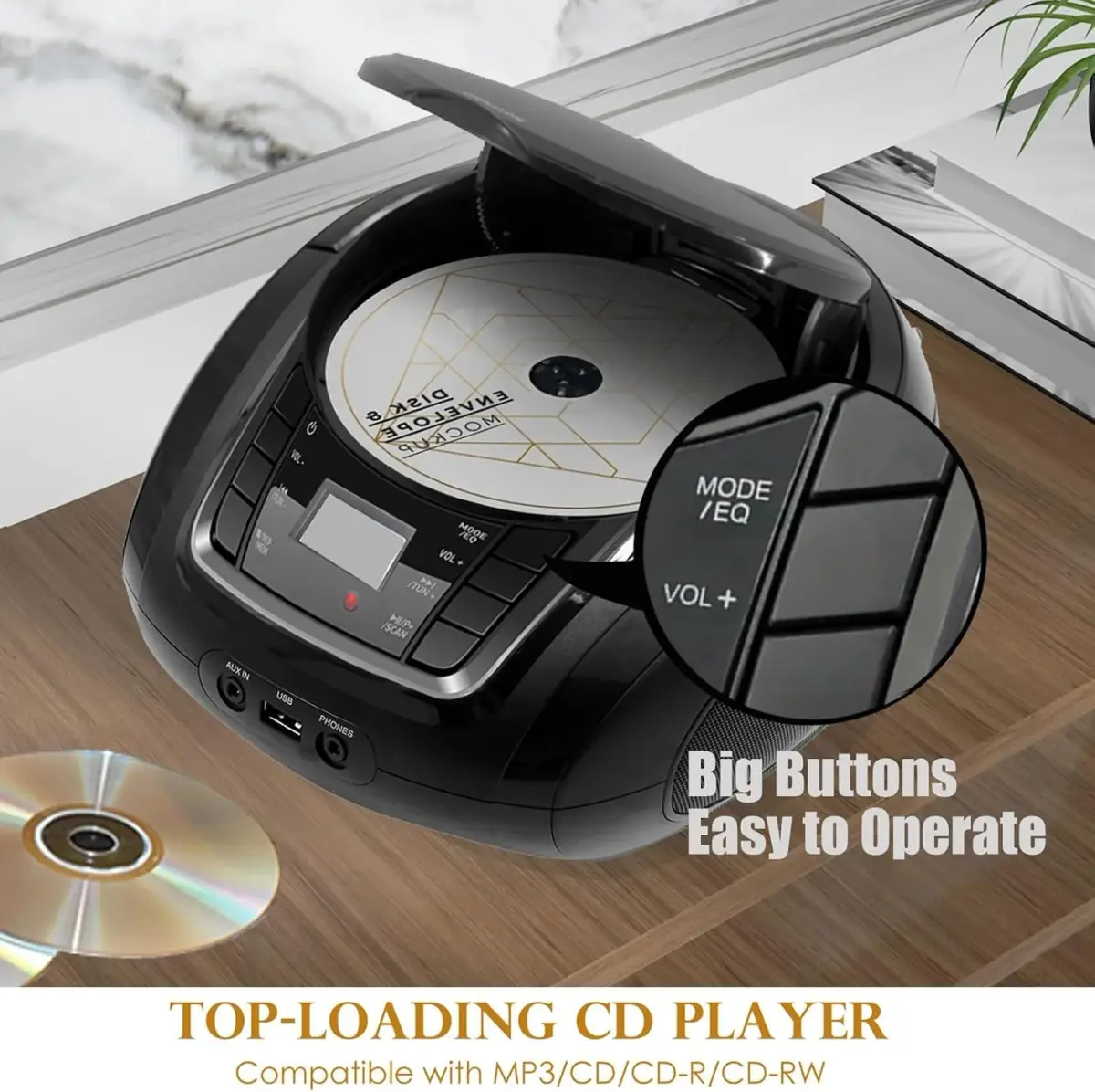 LONPOO Portable CD Player with Bluetooth, USB, AUX, FM Radio, 2.5 lbs (1.13 kg) | Retro Boombox with Stereo Speakers - view 3