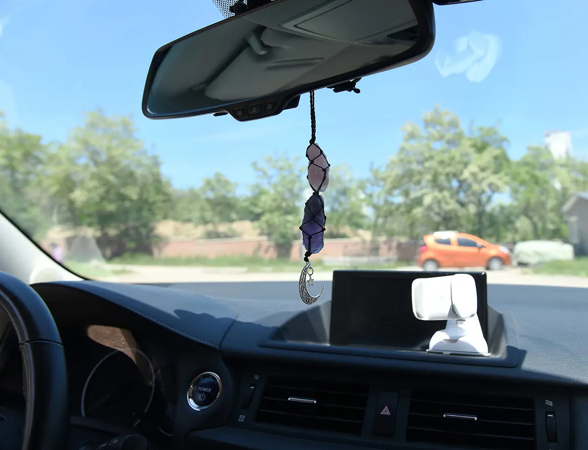 BOHO GARDEN Car Charm for Rear View Mirror - Rose Quartz & Amethyst | Handmade Crystals for Positive Energy - view 4