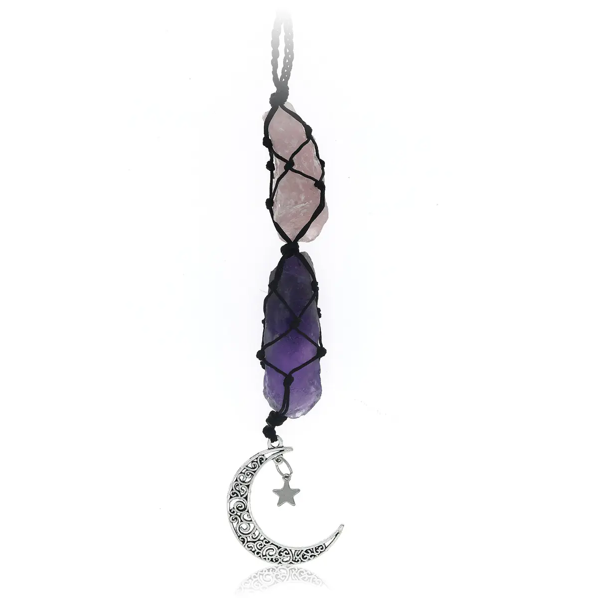 BOHO GARDEN Car Charm for Rear View Mirror - Rose Quartz & Amethyst | Handmade Crystals for Positive Energy - main product image