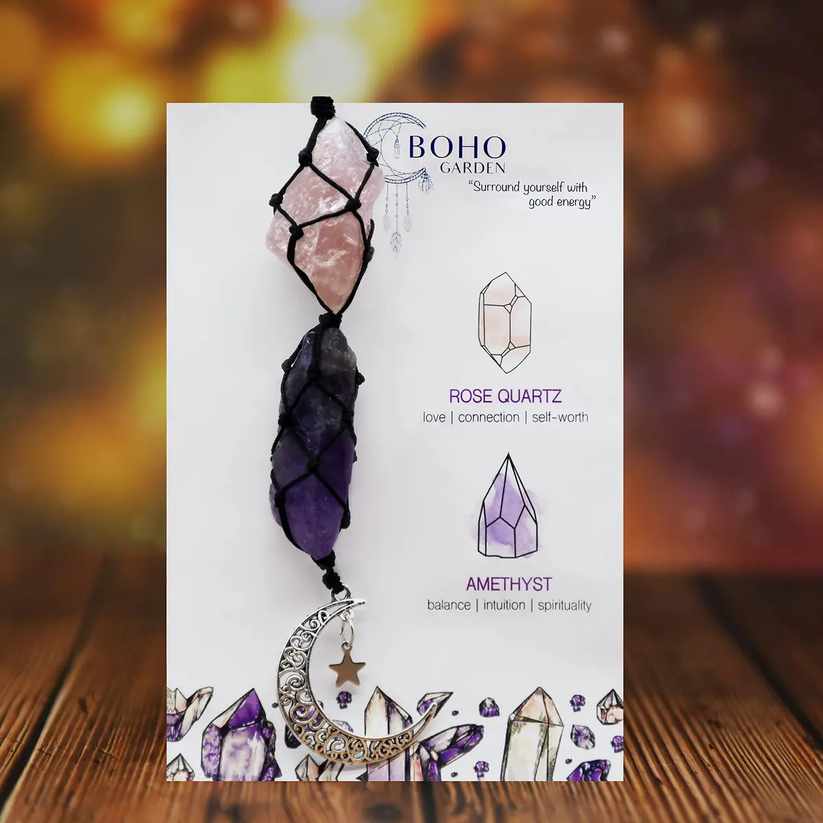 BOHO GARDEN Car Charm for Rear View Mirror - Rose Quartz & Amethyst | Handmade Crystals for Positive Energy - view 2