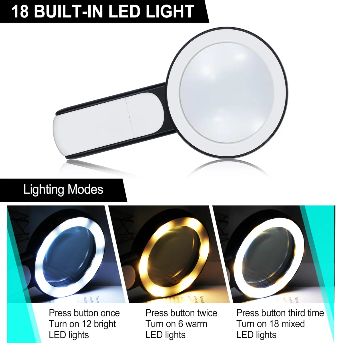 Arsir Magnifying Glass with Light for Reading | 3 Light Modes, 18 LEDs, Large 3.15 inch Lens, Seniors & Low Vision Support - view 5