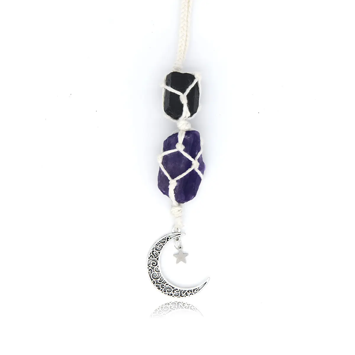 BOHO GARDEN Car Charm for Rear View Mirror - Black Tourmaline & Amethyst | Handmade Natural Crystals for Positive Energy - main product image
