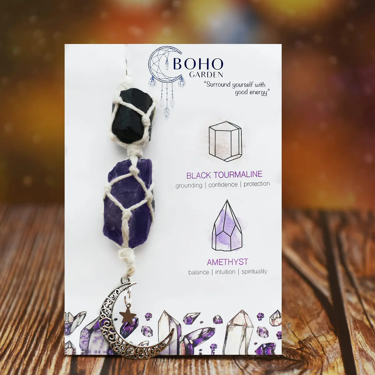 BOHO GARDEN Car Charm for Rear View Mirror - Black Tourmaline & Amethyst | Handmade Natural Crystals for Positive Energy - view 2