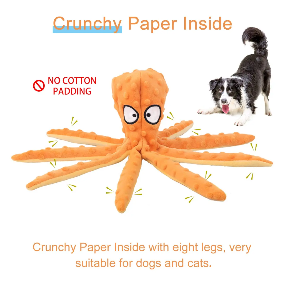 WishLotus Octopus Dog Chew Toy, No Stuffing Plush Dog Squeaky Toy with Crinkle Paper in Legs, Corduroy Interactive Dogs Play Teething Toys for Small, Medium Dogs (Orange) - view 5