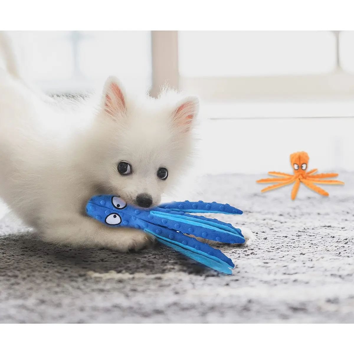 WishLotus Octopus Dog Chew Toy, No Stuffing Plush Dog Squeaky Toy with Crinkle Paper in Legs, Corduroy Interactive Dogs Play Teething Toys for Small, Medium Dogs (Orange) - view 6