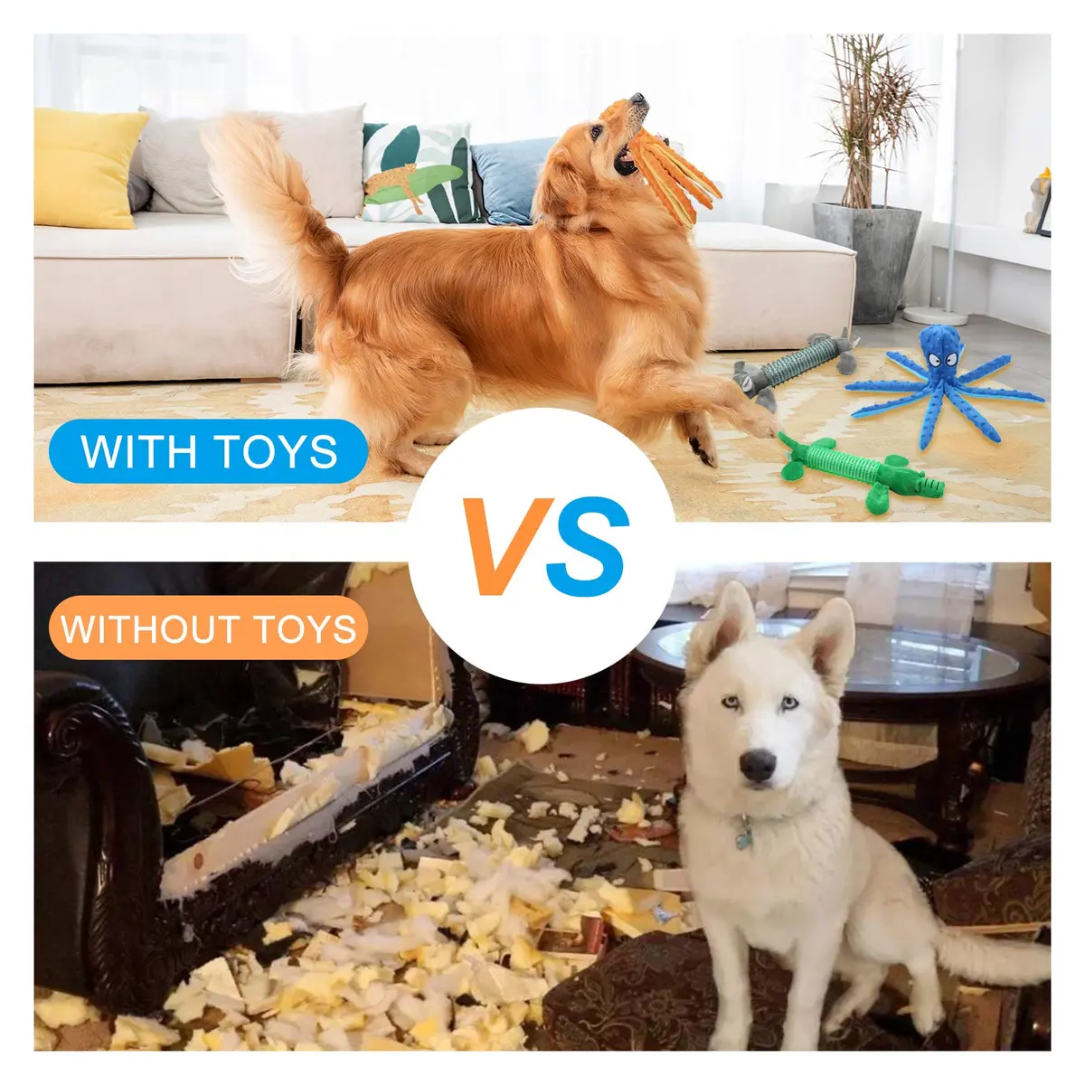 WishLotus Octopus Dog Chew Toy, No Stuffing Plush Dog Squeaky Toy with Crinkle Paper in Legs, Corduroy Interactive Dogs Play Teething Toys for Small, Medium Dogs (Orange) - view 7