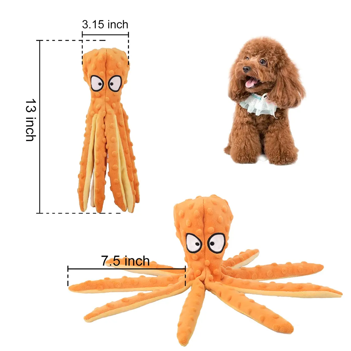 WishLotus Octopus Dog Chew Toy, No Stuffing Plush Dog Squeaky Toy with Crinkle Paper in Legs, Corduroy Interactive Dogs Play Teething Toys for Small, Medium Dogs (Orange) - view 2