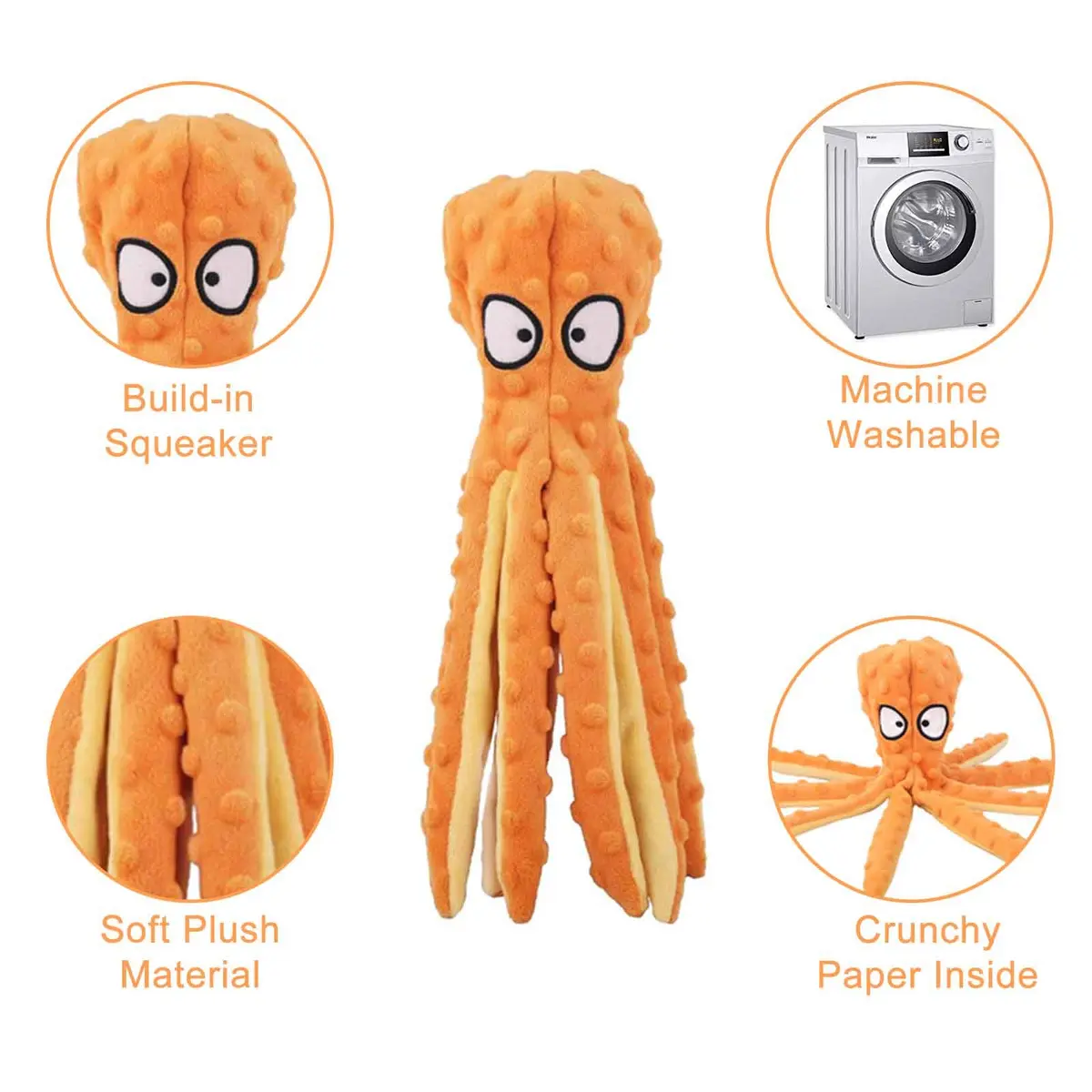 WishLotus Octopus Dog Chew Toy, No Stuffing Plush Dog Squeaky Toy with Crinkle Paper in Legs, Corduroy Interactive Dogs Play Teething Toys for Small, Medium Dogs (Orange) - view 3