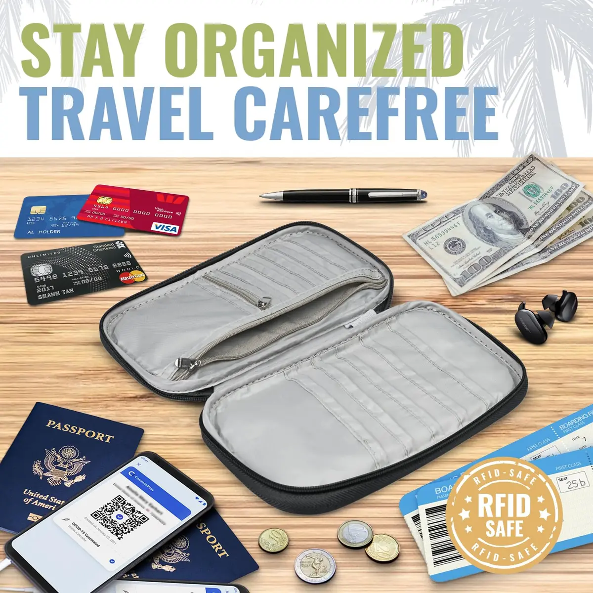 BOACAY Travel Document Organizer with RFID, Waterproof Family Passport Holder, Wallet for Women & Men, 5x1.4x8.9" - view 4