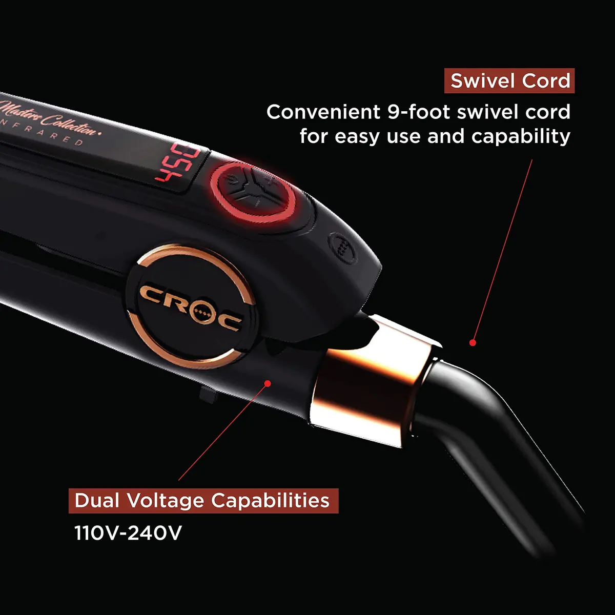 CROC Masters Infrared Hair Straightener Flat Iron 1.5 Inch | Salon-Grade Titanium Ceramic Plates, Infrared Power, Dual Voltage - view 8
