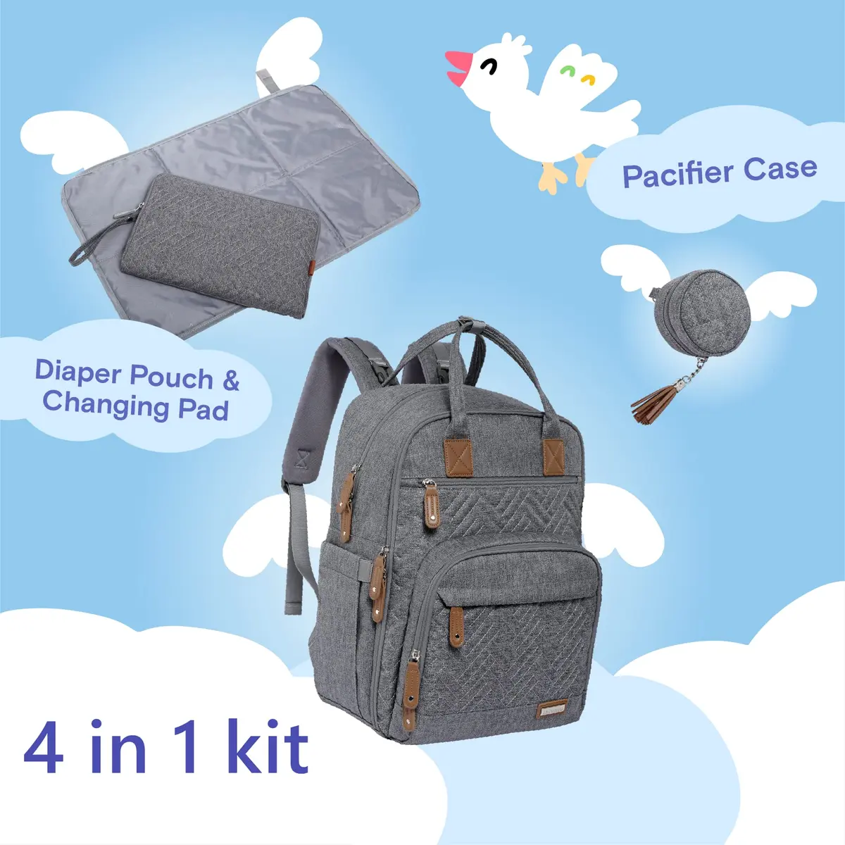 iniuniu Baby Diaper Bag Backpack, 4 in 1 kit Large Capacity Travel Backpack | Waterproof, Unisex, Gray - view 2