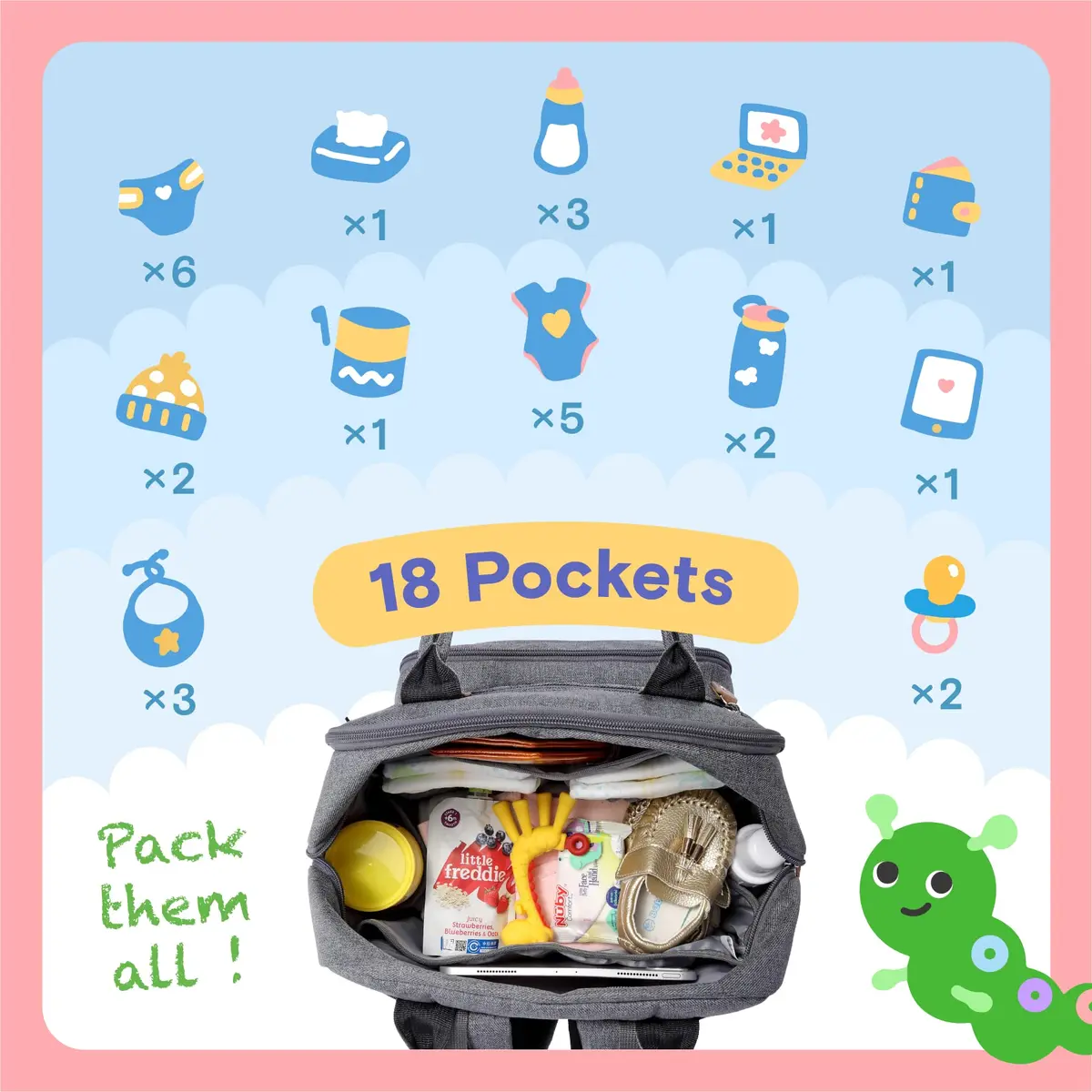 iniuniu Baby Diaper Bag Backpack, 4 in 1 kit Large Capacity Travel Backpack | Waterproof, Unisex, Gray - view 4
