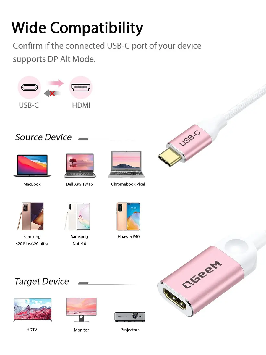QGeeM USB C to HDMI Adapter, 4K Type C to HDMI Cable for Laptop Phone | Plug & Play, 30Hz - view 2