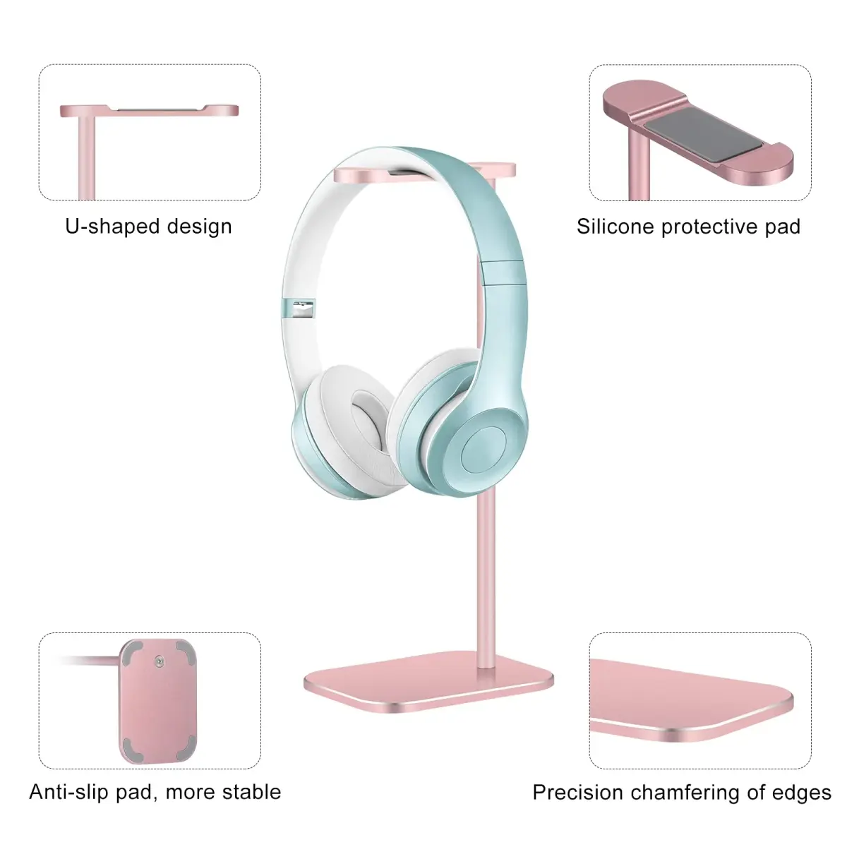 SHUOSUO Aluminum Headphone Stand with Solid Metal Base, Rose Gold | Desk Organizer for Most Headphones - view 4