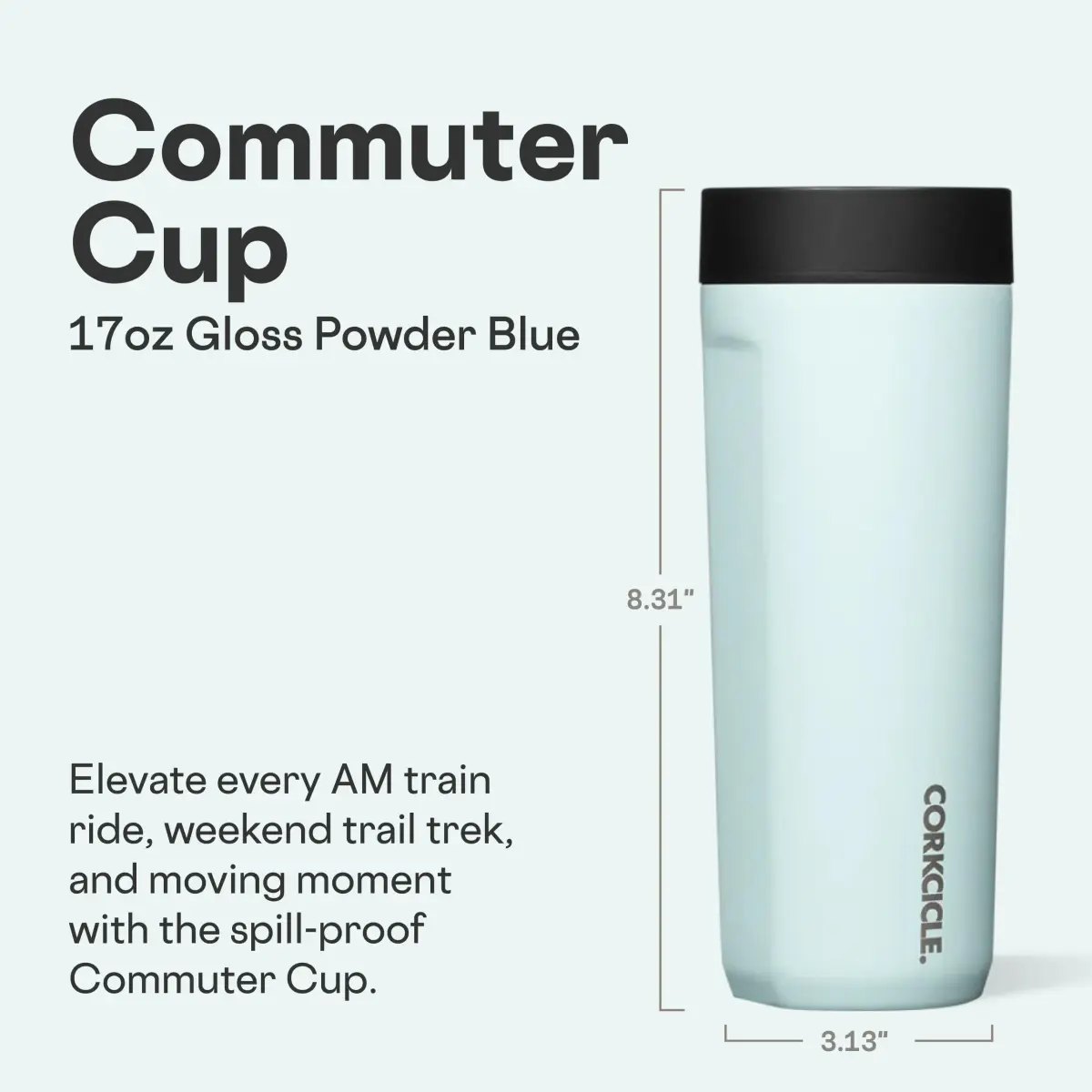 Corkcicle Commuter Cup 17 oz (503 ml) with 360° Sip Lid, Gloss Powder Blue | Insulated Stainless Steel Travel Mug - view 2