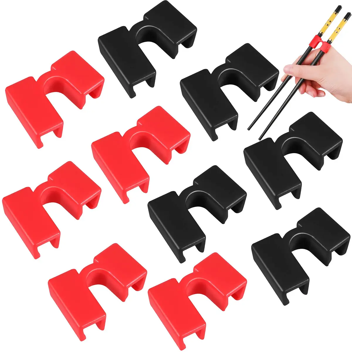 Patelai 10 Pcs Reusable Chopstick Helpers Training Chopstick, Red, Black | Adjustable, Safe for Beginners - main product image