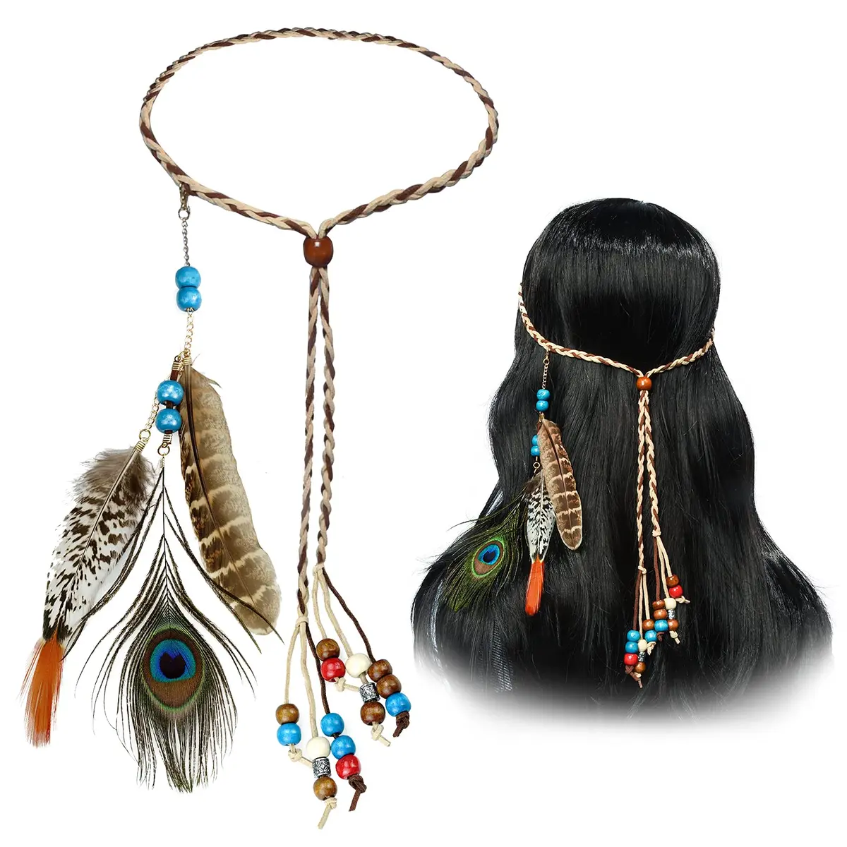 obmwang Boho Feather Headbands Indian Feather Headband Peacoak Headpieces Festival Costumes Hair Accessories for Women and Girls | Boho Chic Summer Accessory - main product image