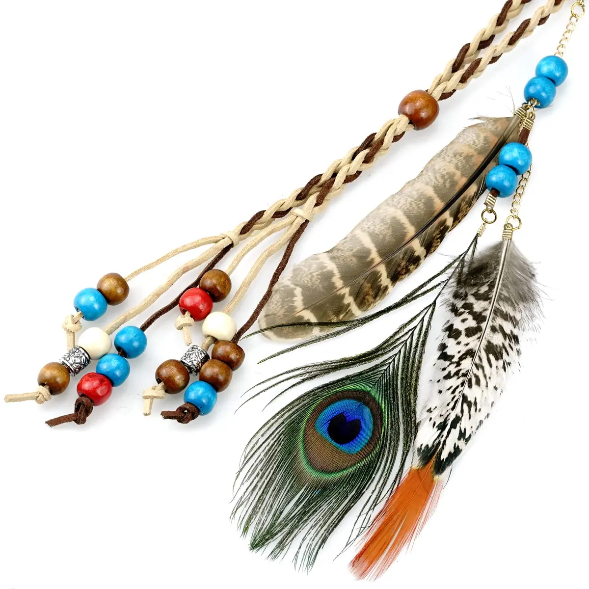 obmwang Boho Feather Headbands Indian Feather Headband Peacoak Headpieces Festival Costumes Hair Accessories for Women and Girls | Boho Chic Summer Accessory - view 7